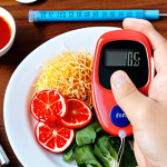 **Prompt:** A visual representation of "dancing" blood sugar levels (glucose). Include imagery of sweet Vietnamese foods like *chè* or *bánh ngọt*, juxtaposed with healthy foods and exercise imagery. Show a person looking concerned while checking their blood sugar with a modern glucose meter. Style: Colorful, slightly abstract, and informative.