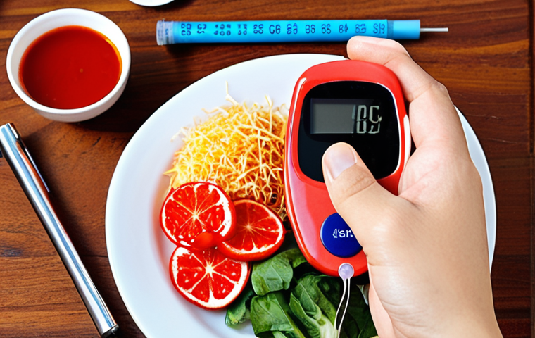 **Prompt:** A visual representation of "dancing" blood sugar levels (glucose). Include imagery of sweet Vietnamese foods like *chè* or *bánh ngọt*, juxtaposed with healthy foods and exercise imagery. Show a person looking concerned while checking their blood sugar with a modern glucose meter. Style: Colorful, slightly abstract, and informative.