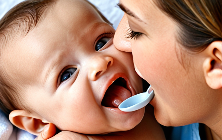 A healthy baby, looking happy and content, perhaps just having received an oral Rotavirus vaccine (represented by a small, friendly-looking bottle or spoon). A parent's loving hands are gently supporting the baby. The image conveys strong protection against severe common childhood diseases, with a bright and optimistic mood, signifying a secure and healthy future.