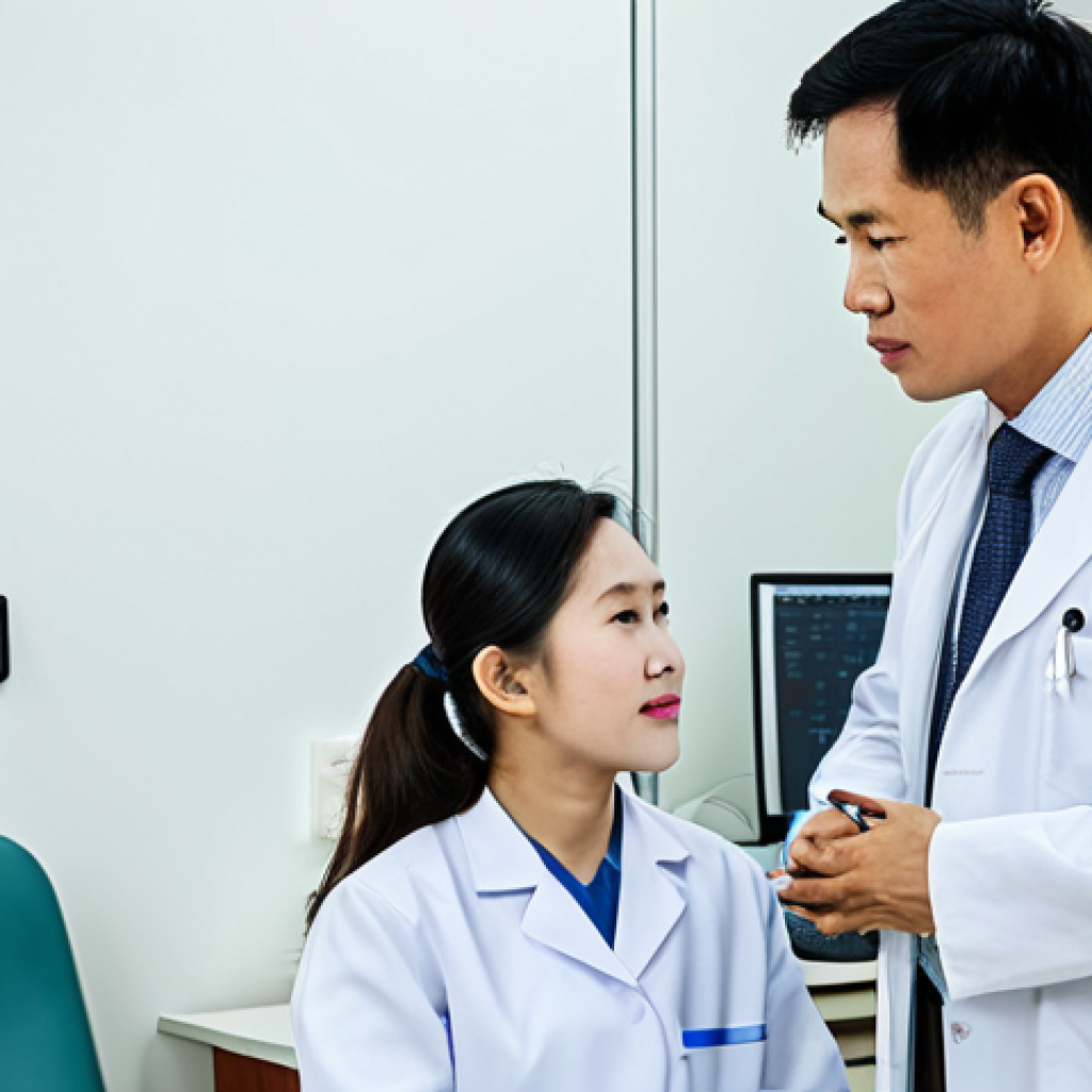 **

"A professional Vietnamese doctor in a modest white coat, consulting with a fully clothed patient in a modern, clean clinic in Ho Chi Minh City, appropriate attire, safe for work, perfect anatomy, natural proportions, professional medical photography, high quality, family-friendly."

**