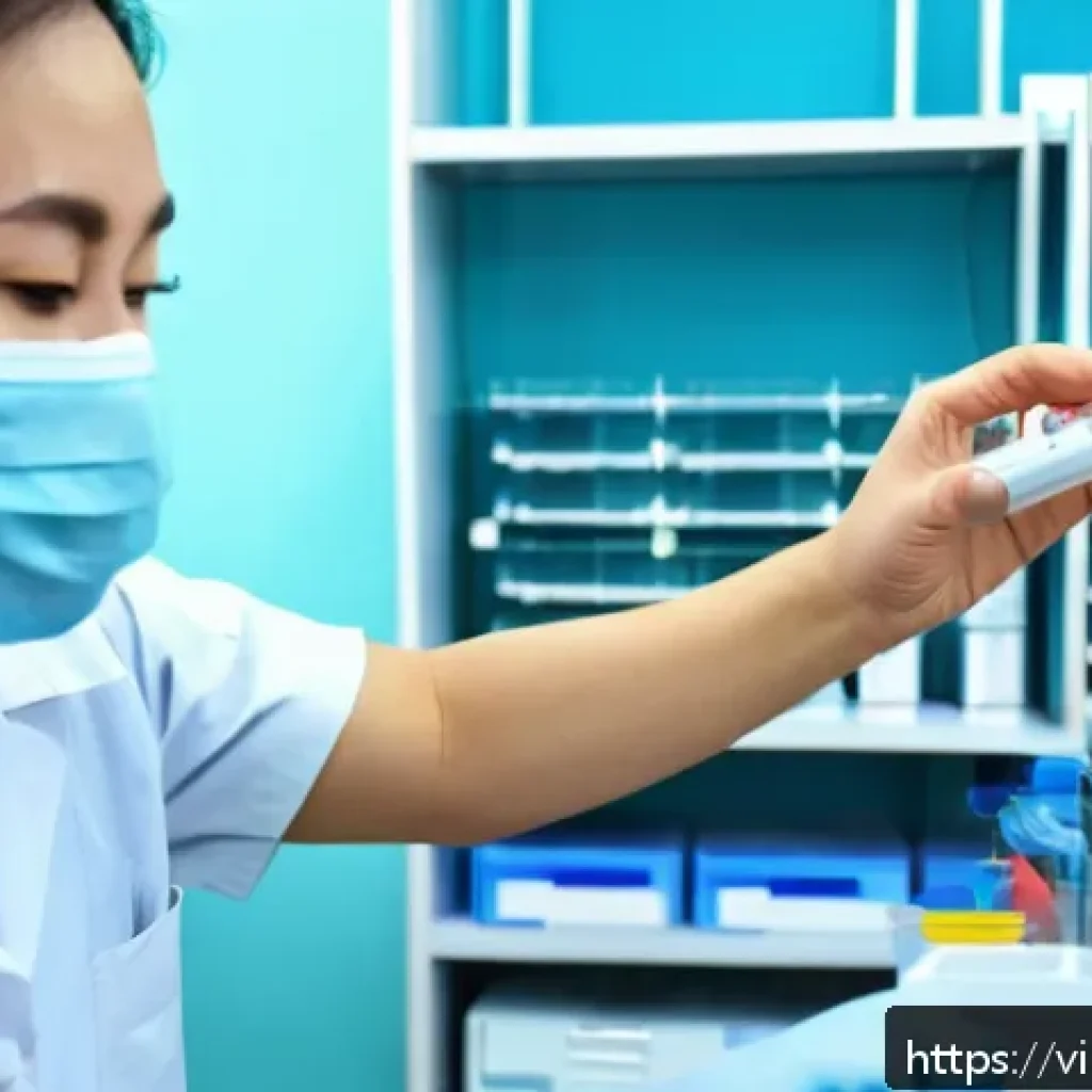심장 질환 예방을 위한 검진 항목 - A detailed medical laboratory scene showing a Vietnamese adult male patient undergoing a blood test ...
