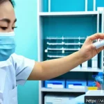 Home 19 심장 질환 예방을 위한 검진 항목 - A detailed medical laboratory scene showing a Vietnamese adult male patient undergoing a blood test ...