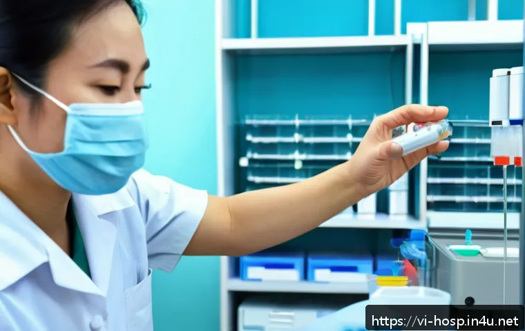 심장 질환 예방을 위한 검진 항목 - A detailed medical laboratory scene showing a Vietnamese adult male patient undergoing a blood test ...