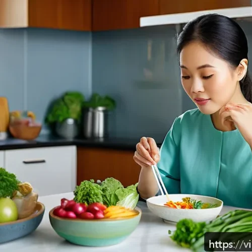 Home 17 소화기 내과에서 다루는 질환들 - A detailed, realistic medical illustration of a Vietnamese adult woman sitting at a dining table in ...