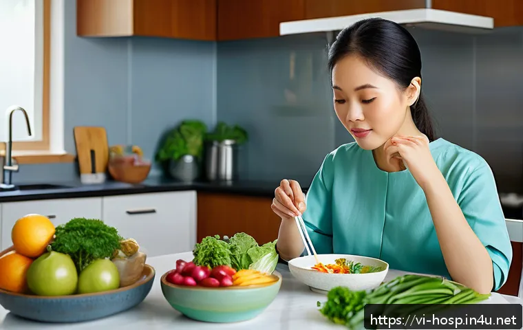 소화기 내과에서 다루는 질환들 - A detailed, realistic medical illustration of a Vietnamese adult woman sitting at a dining table in ...