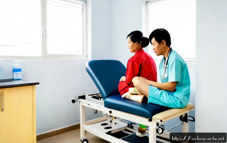 Home 17 정형외과에서 스포츠 부상 치료 방법 - Photorealistic orthopedic sports medicine consultation in a modern Vietnamese clinic, a Vietnamese a...
